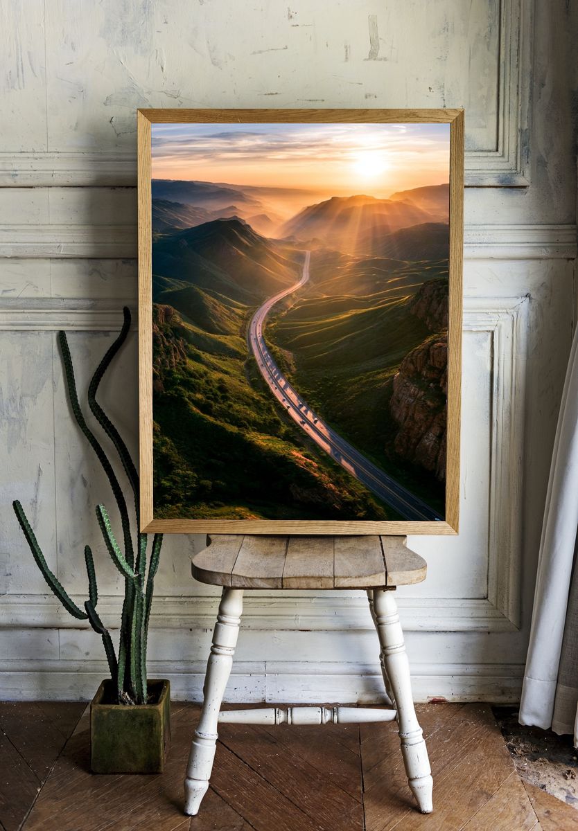 Sunrise Mountain Road Photography Poster. room preview