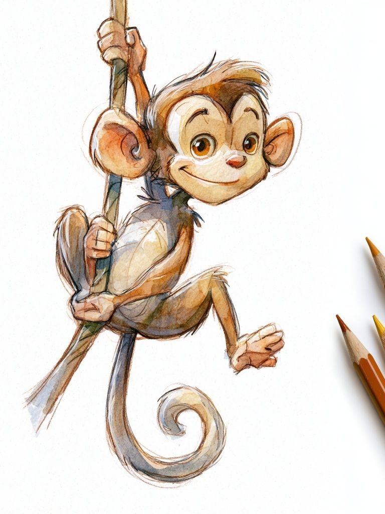 Playful Monkey Watercolor Poster. poster detail