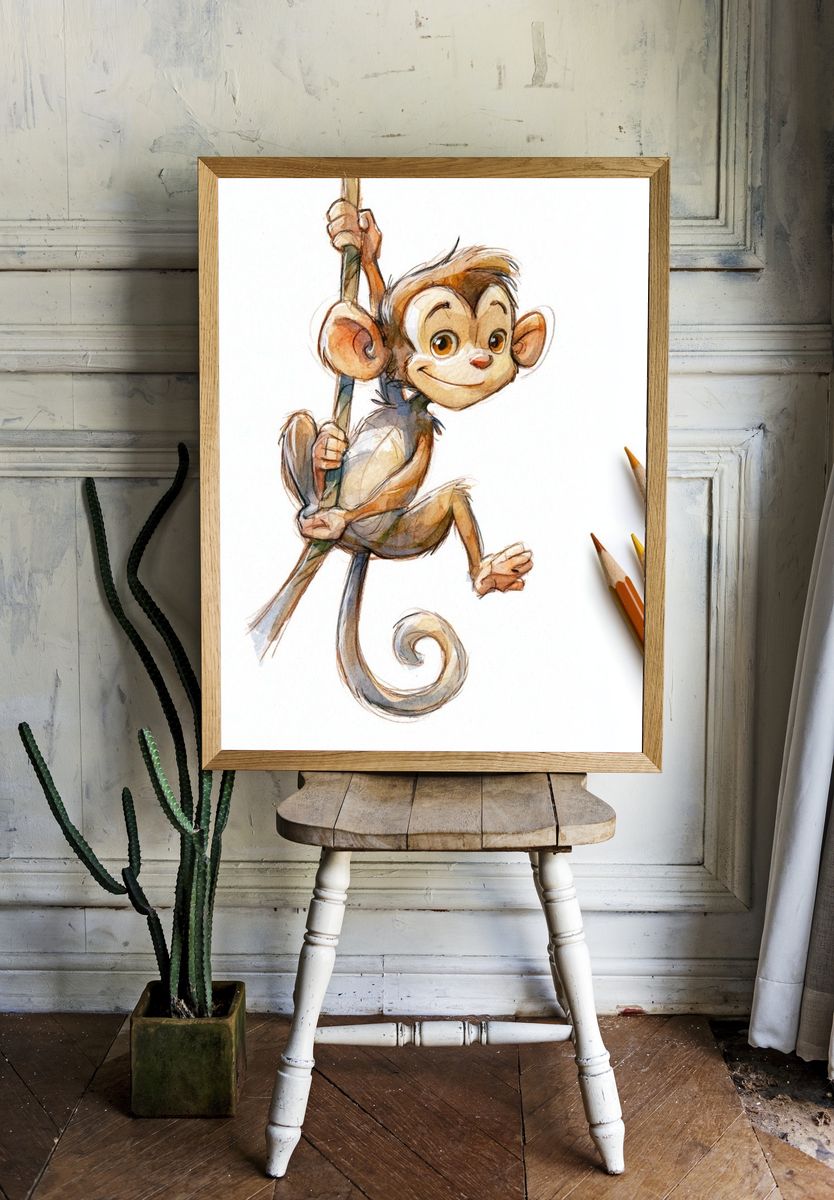 Playful Monkey Watercolor Poster. room preview