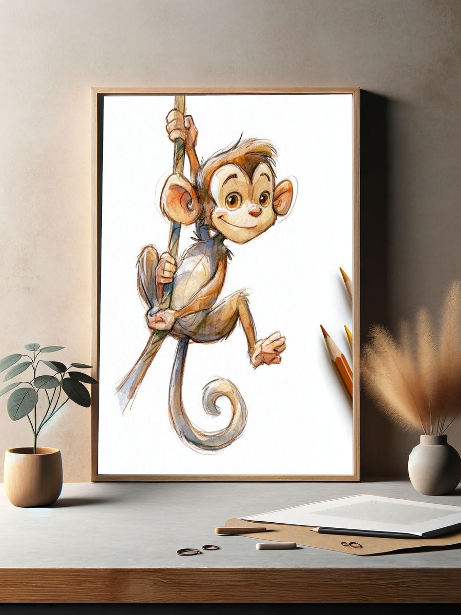 Playful Monkey Watercolor Poster. — room view 2