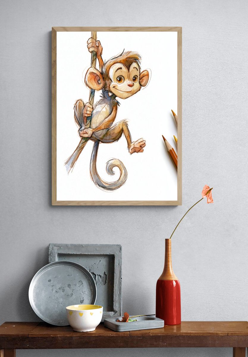 Playful Monkey Watercolor Poster. — room view 3