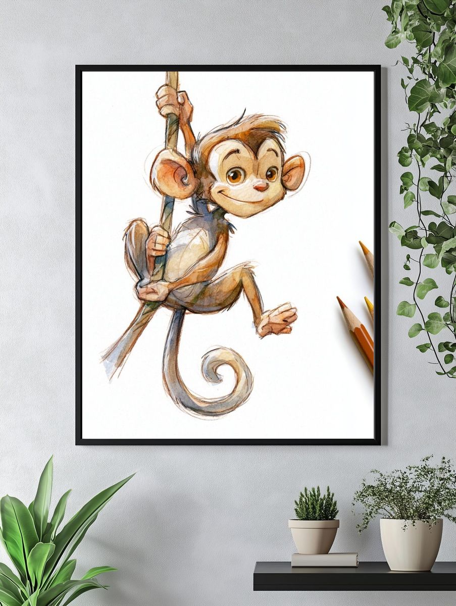 Playful Monkey Watercolor Poster. — room view 4