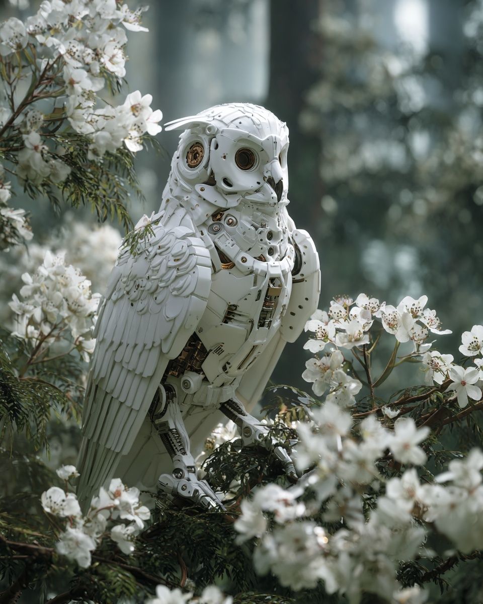 Mechanical Owl in Bloom — Digital Art Print. poster detail