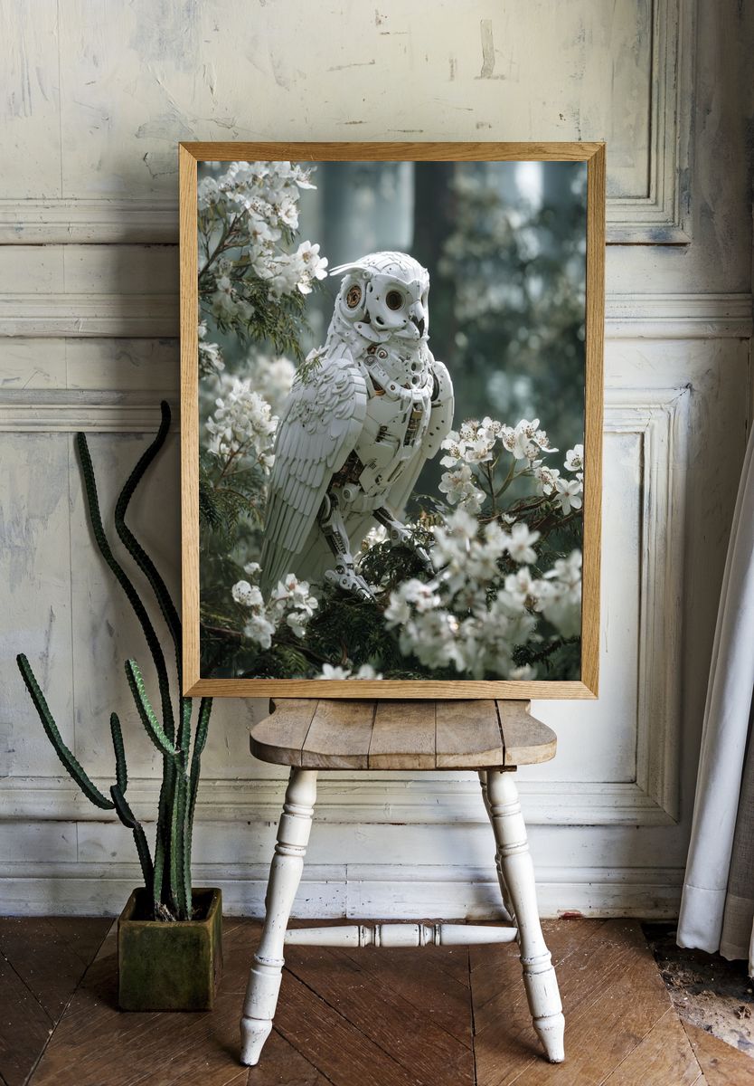 Mechanical Owl in Bloom — Digital Art Print. — room view 1