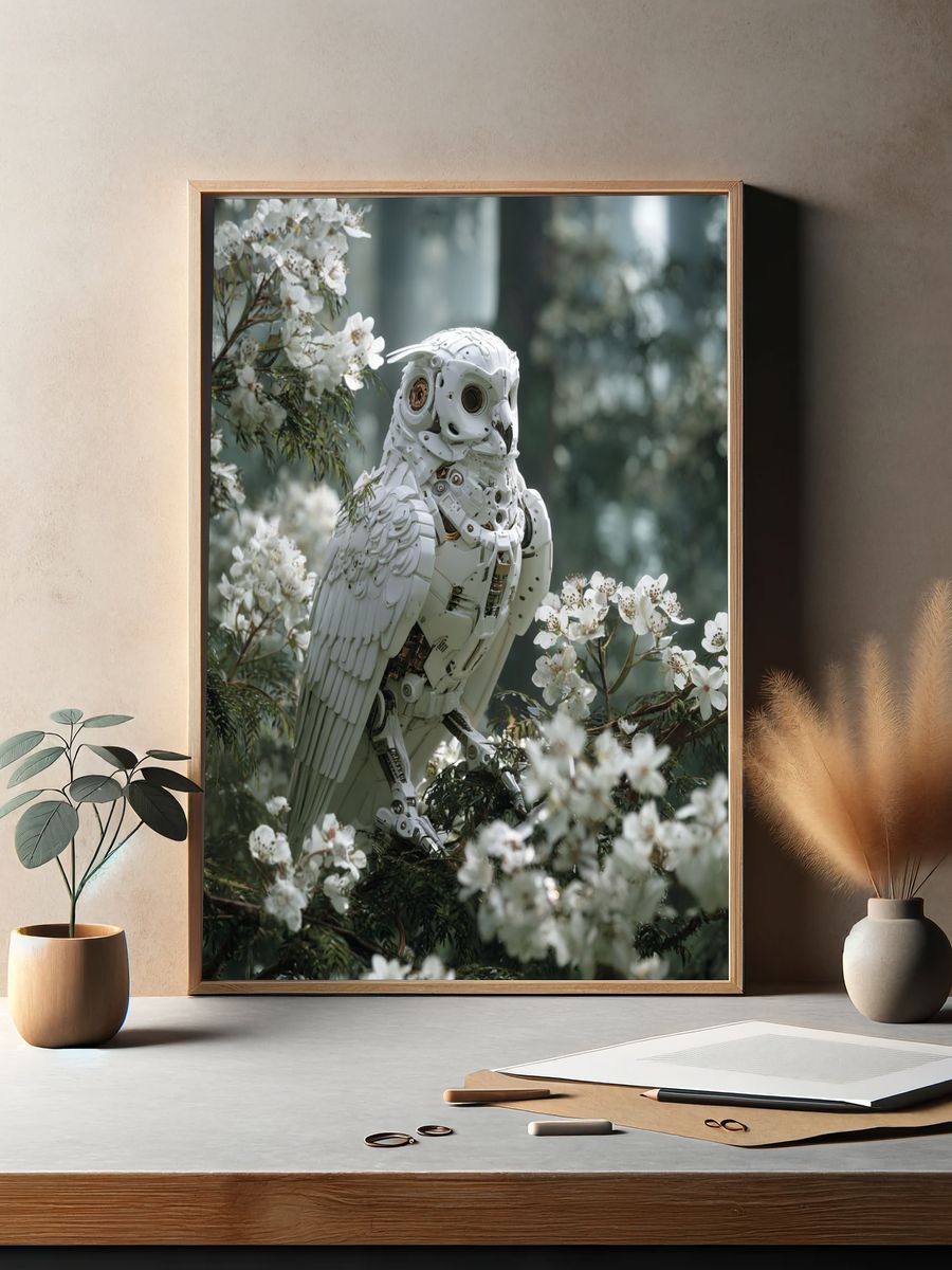 Mechanical Owl in Bloom — Digital Art Print. — room view 2
