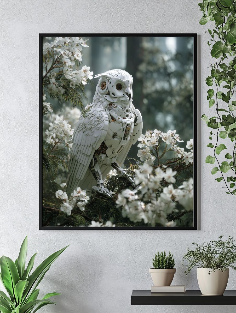Mechanical Owl in Bloom — Digital Art Print. — room view 4