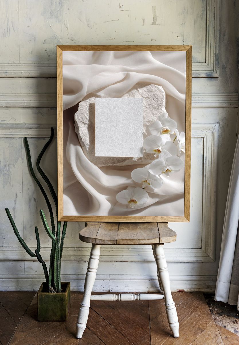 White Orchid and Stone — Minimalist Print. — room view 1