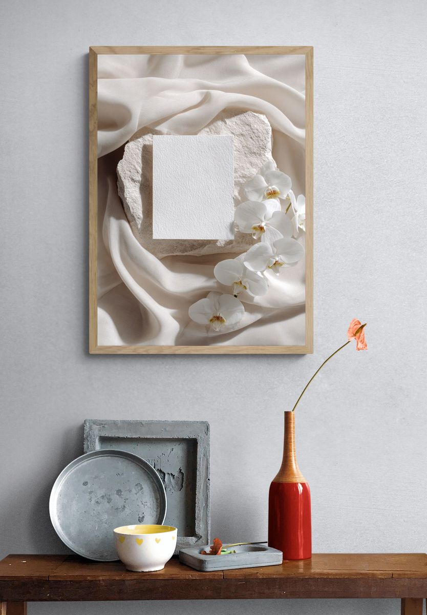 White Orchid and Stone — Minimalist Print. — room view 3
