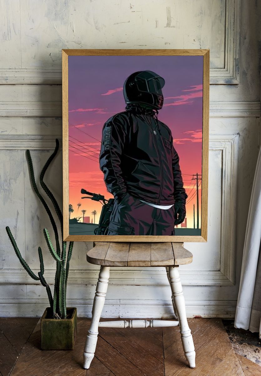 Motorcyclist Sunset Illustration Poster. — room view 1