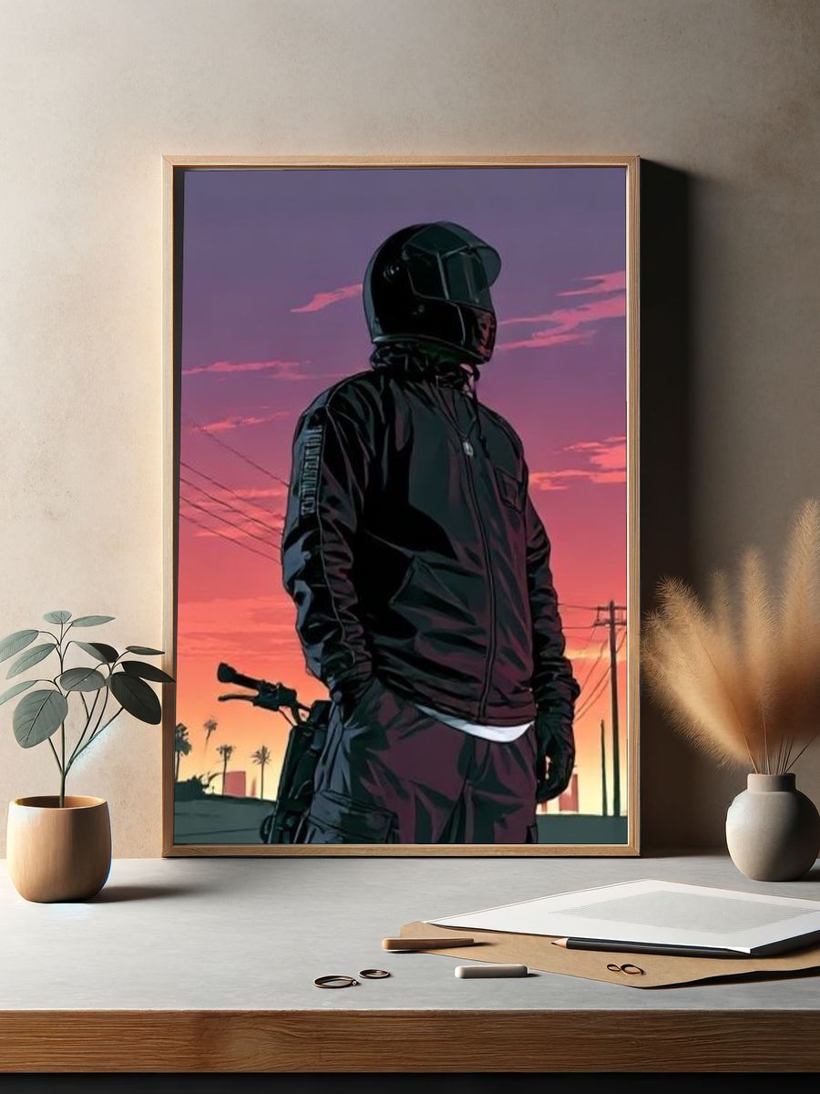 Motorcyclist Sunset Illustration Poster. — room view 2