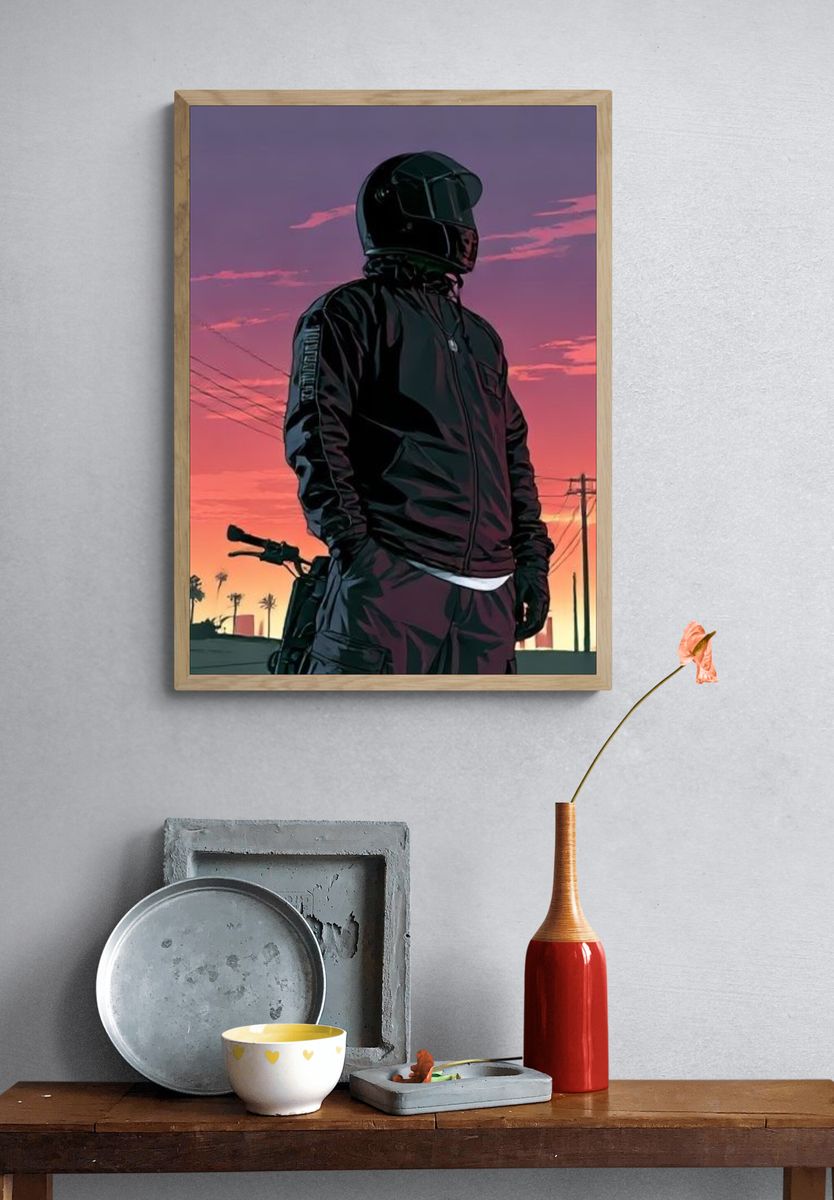 Motorcyclist Sunset Illustration Poster. — room view 3