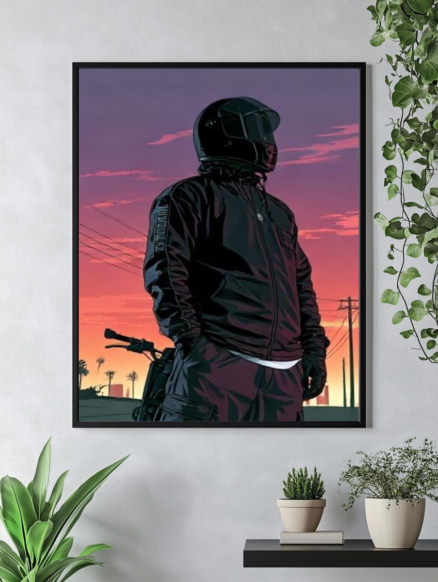 Motorcyclist Sunset Illustration Poster. — room view 4