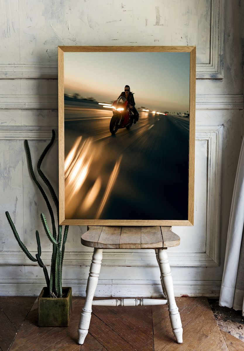 Motorcycle Rider at Sunset Photography Poster. — room view 1