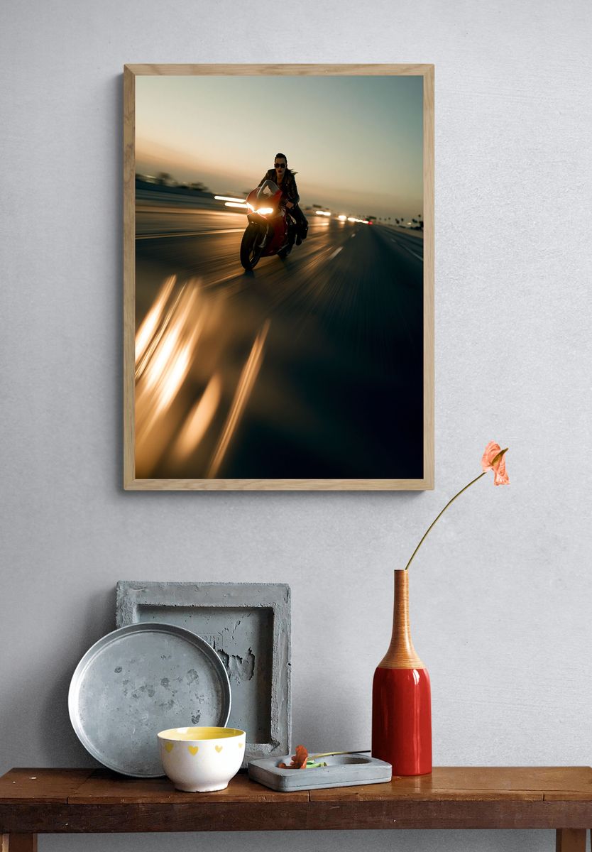 Motorcycle Rider at Sunset Photography Poster. — room view 3