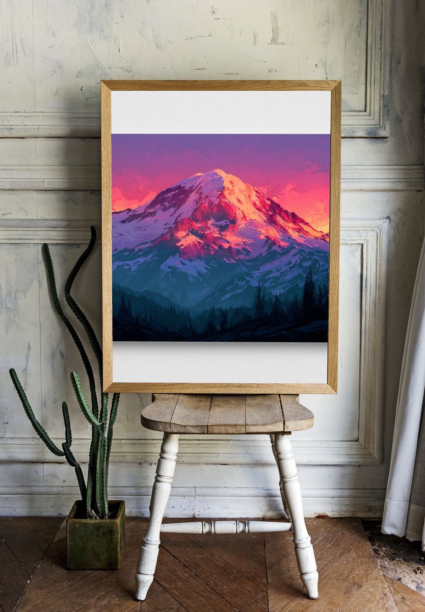 Sunset Mountain Peak Illustration Poster. — room view 1