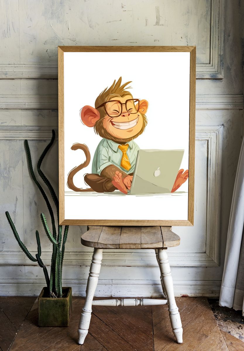Happy Monkey with Laptop — Cartoon Print. — room view 1