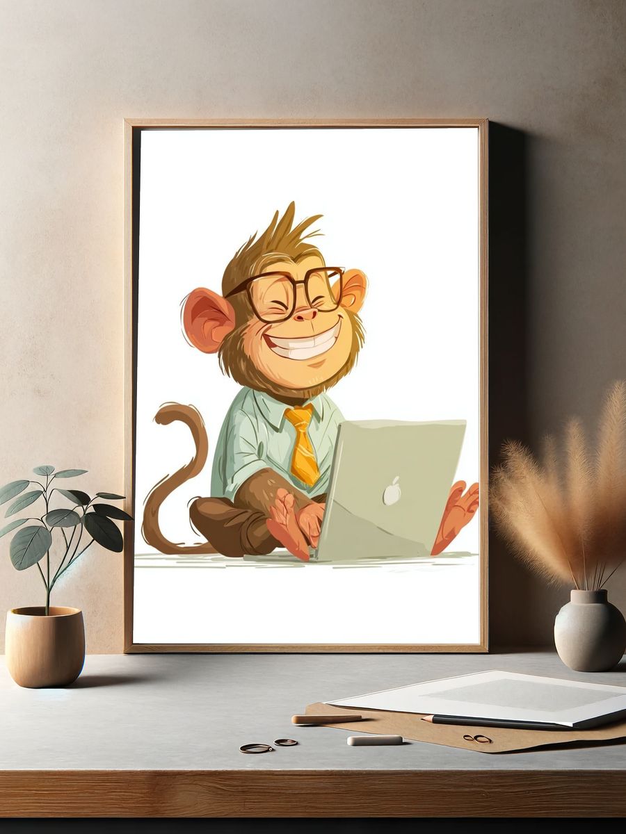 Happy Monkey with Laptop — Cartoon Print. — room view 2