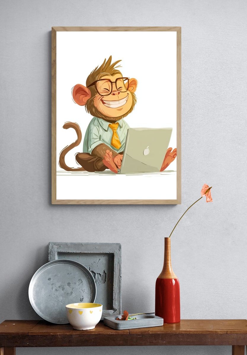 Happy Monkey with Laptop — Cartoon Print. — room view 3