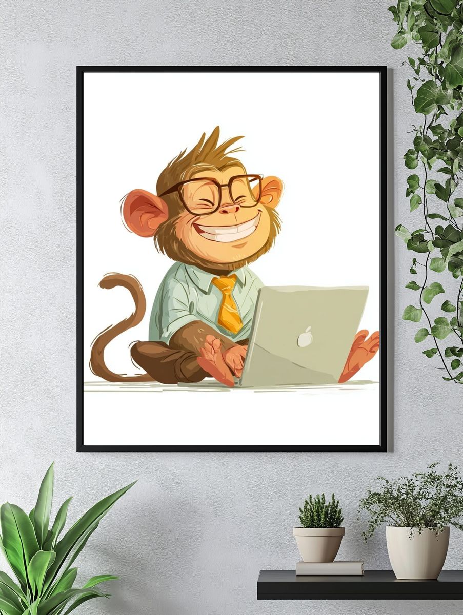 Happy Monkey with Laptop — Cartoon Print. — room view 4