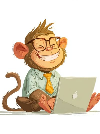 Happy Monkey with Laptop — Cartoon Print. poster print