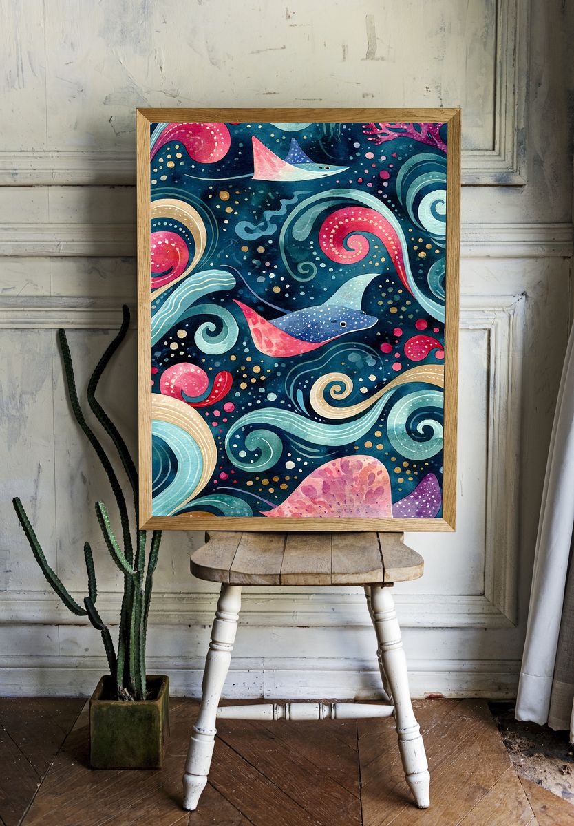 Manta Ray Ocean Watercolor Poster. — room view 1