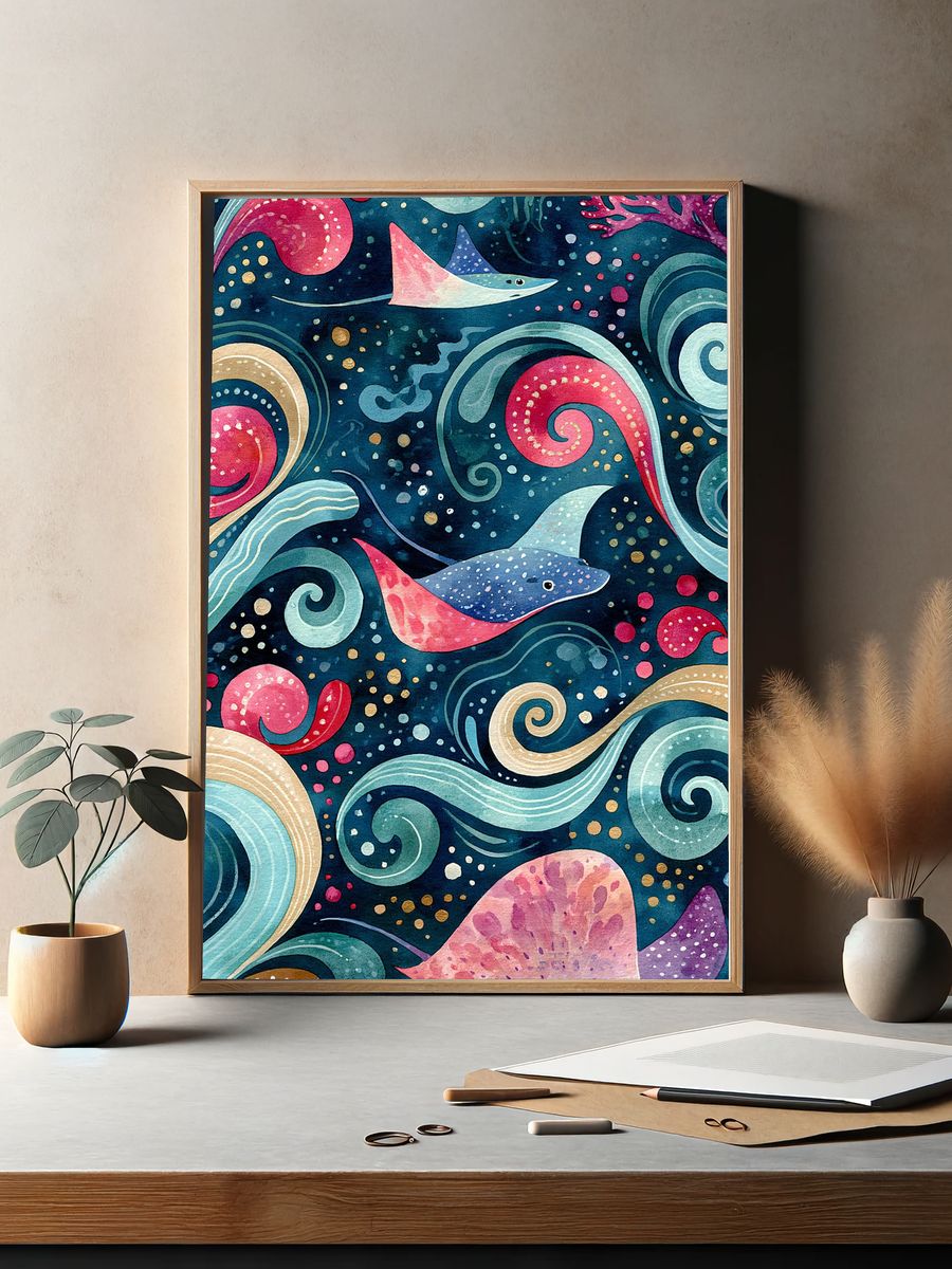 Manta Ray Ocean Watercolor Poster. — room view 2