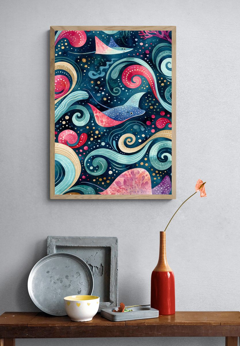 Manta Ray Ocean Watercolor Poster. — room view 3