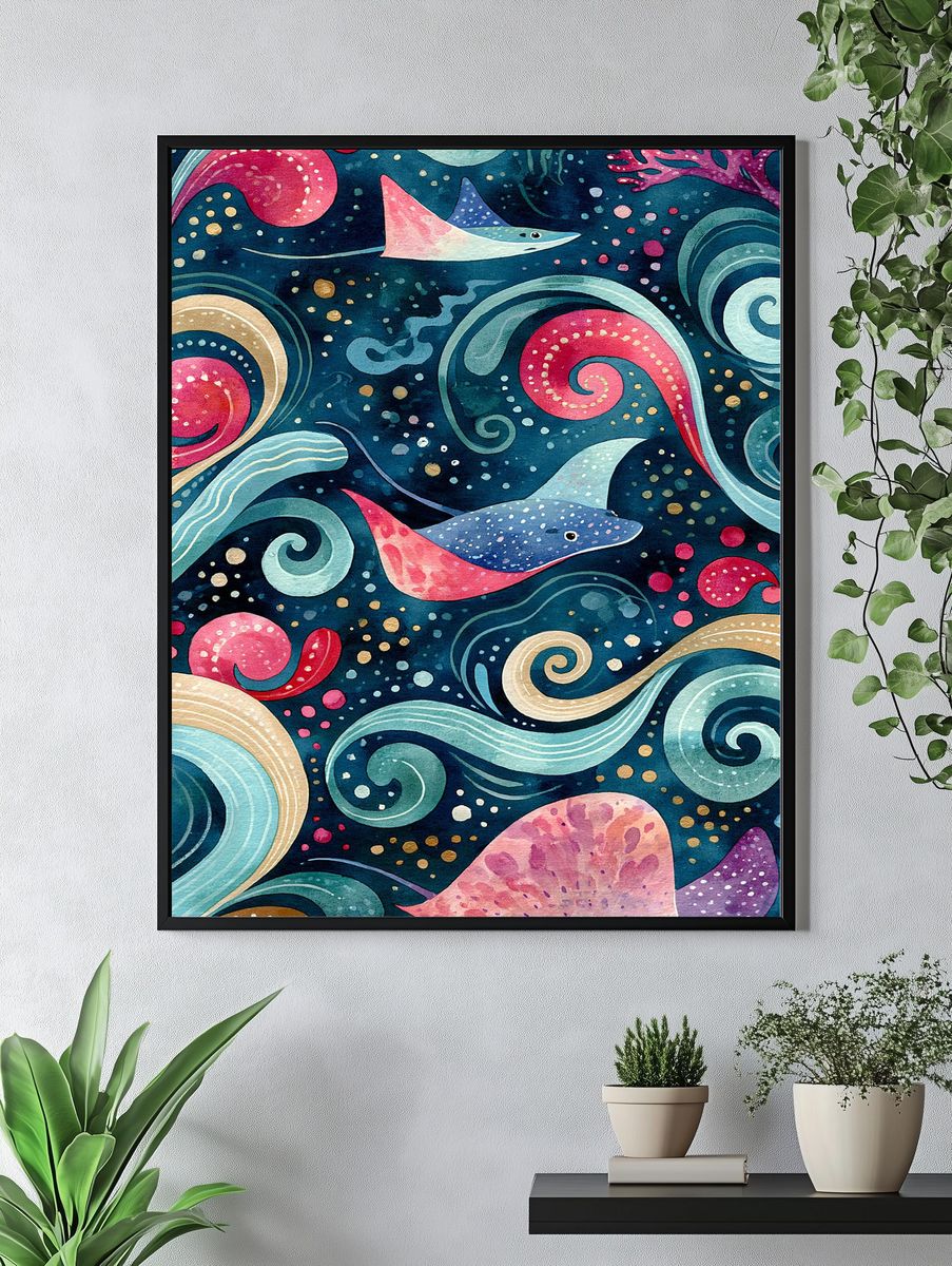 Manta Ray Ocean Watercolor Poster. — room view 4