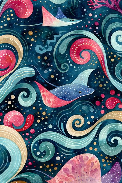 Manta Ray Ocean Watercolor Poster.