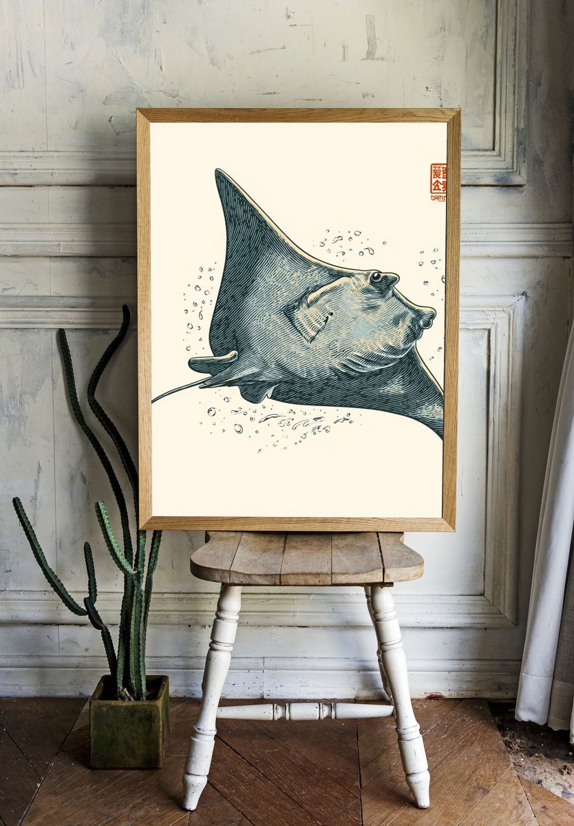 Manta Ray Ink Illustration Poster. — room view 1