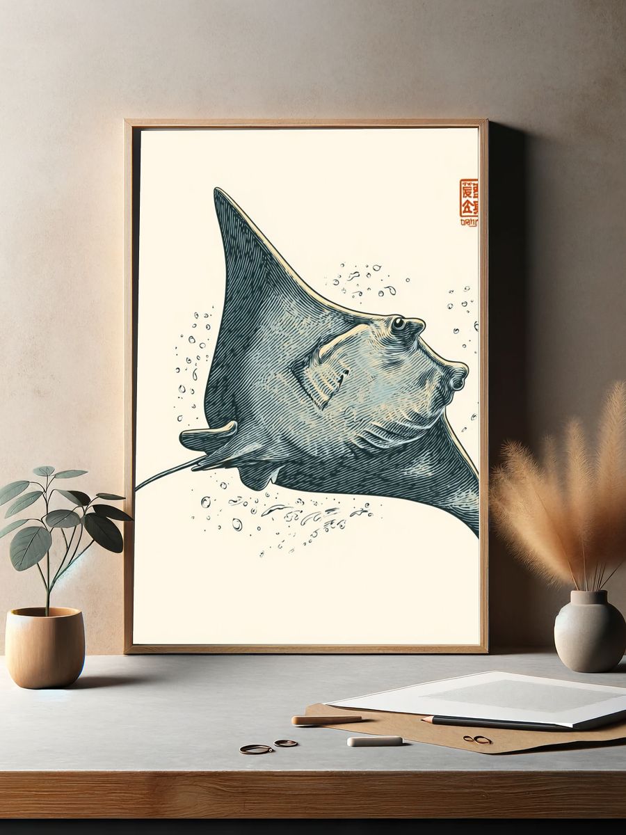 Manta Ray Ink Illustration Poster. — room view 2