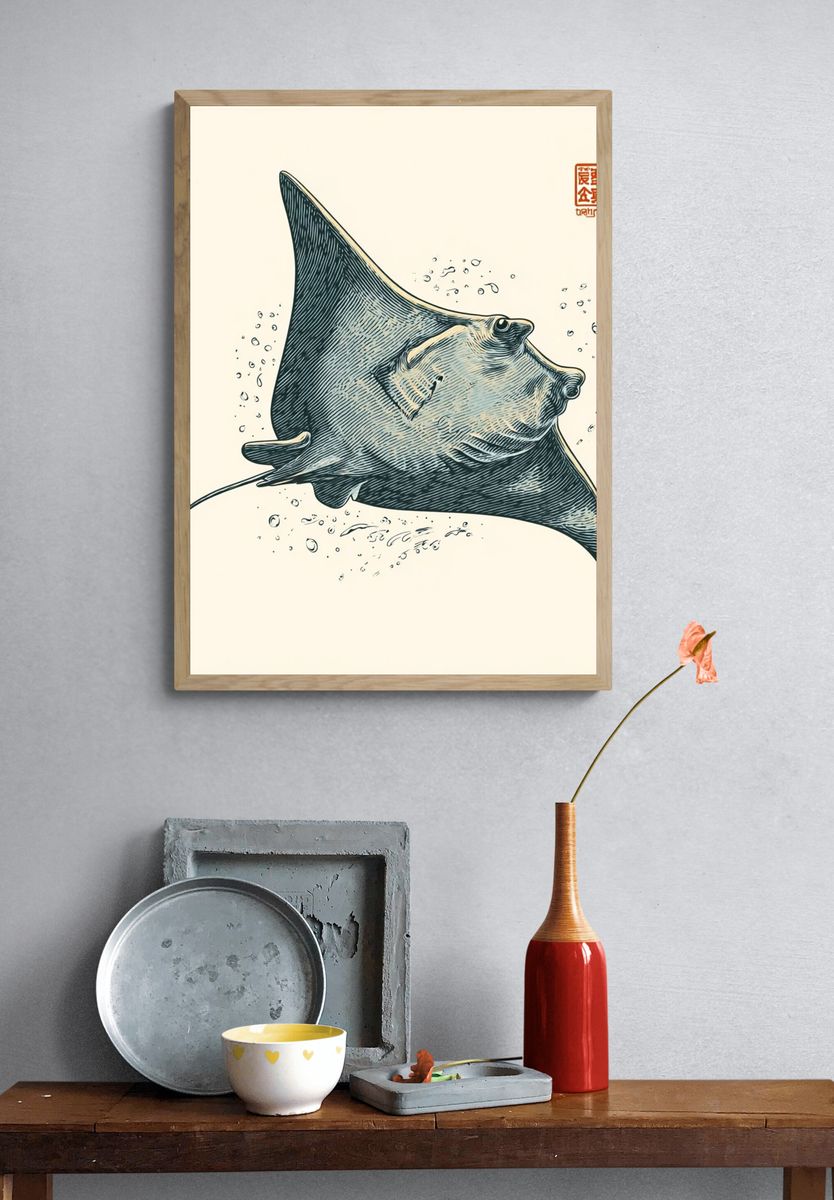 Manta Ray Ink Illustration Poster. — room view 3