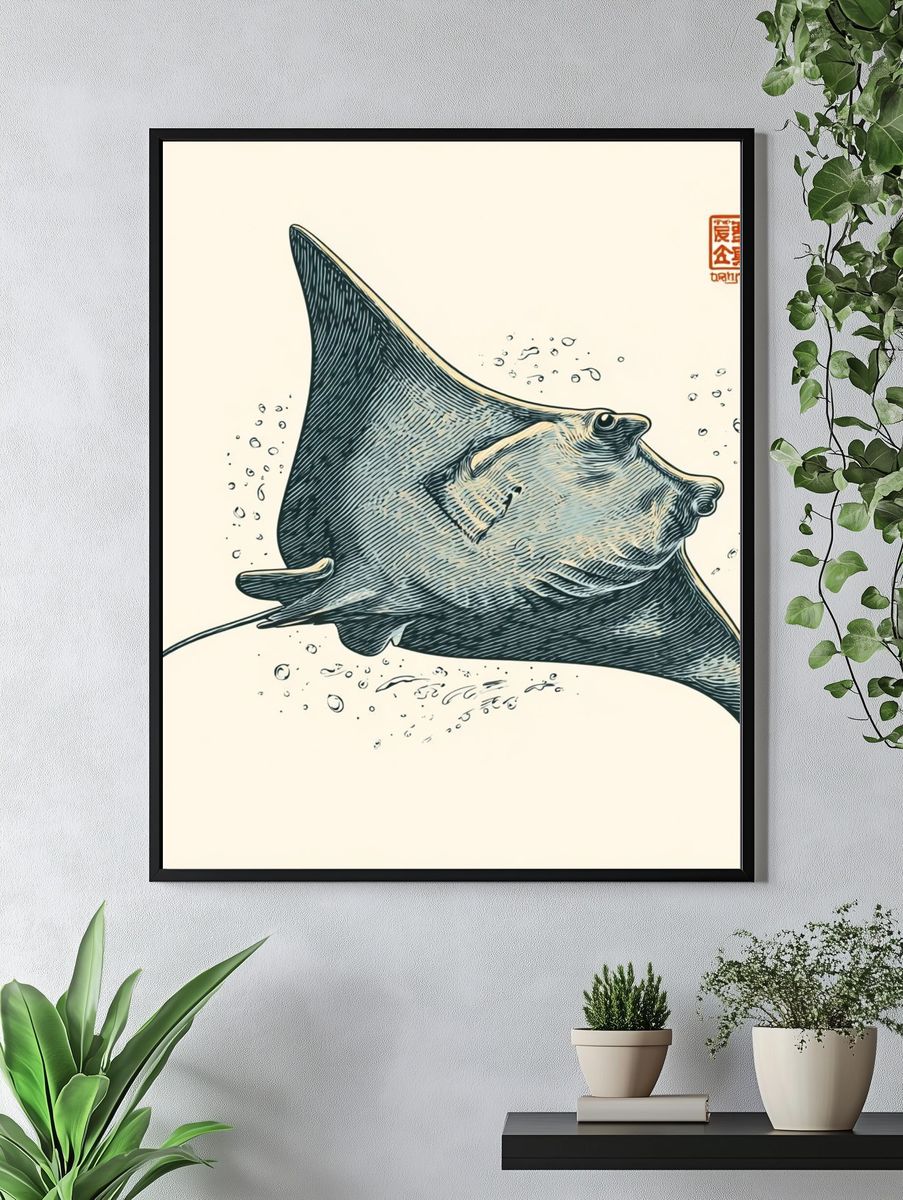 Manta Ray Ink Illustration Poster. — room view 4