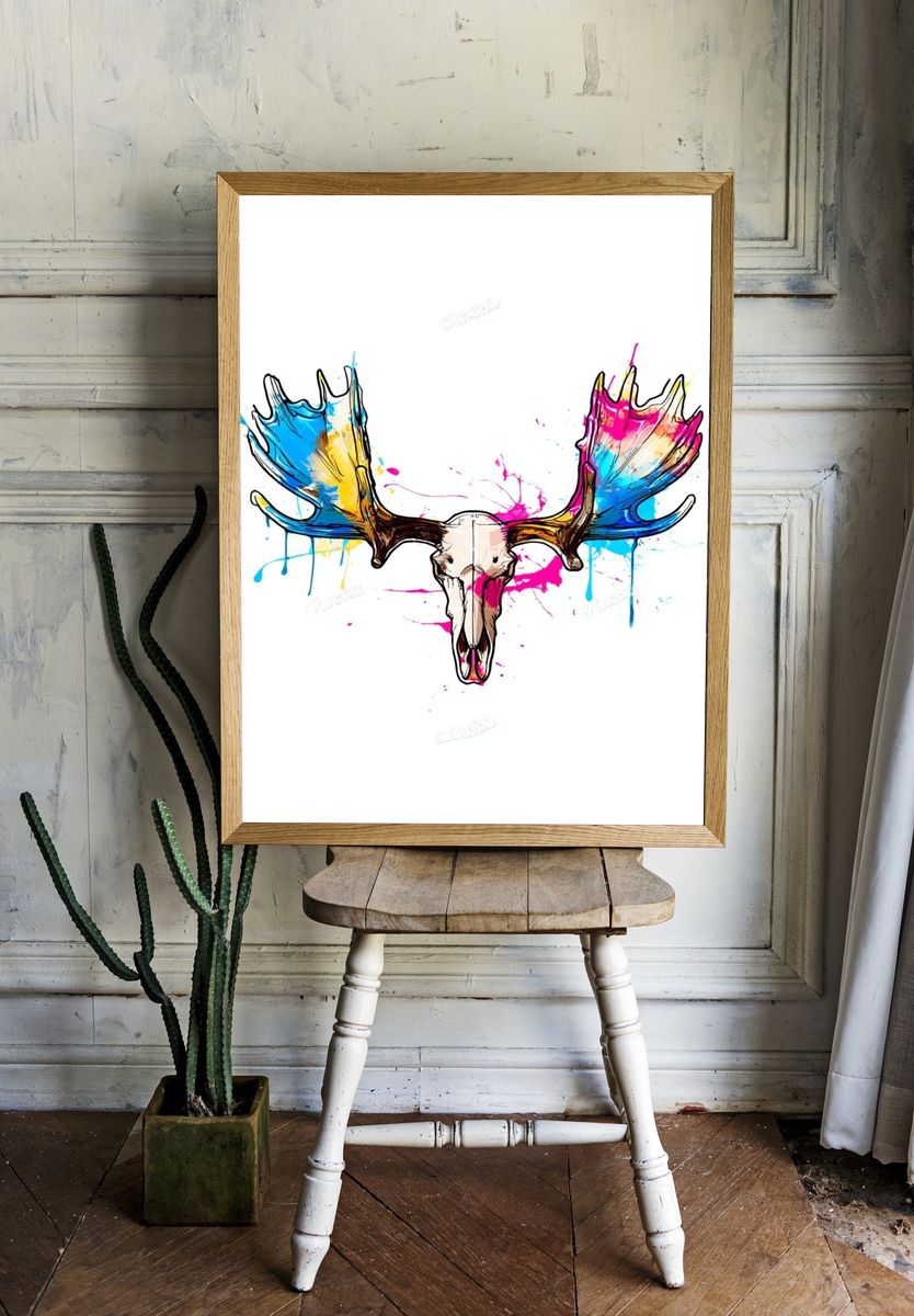 Color Splash Moose Skull Print. room preview