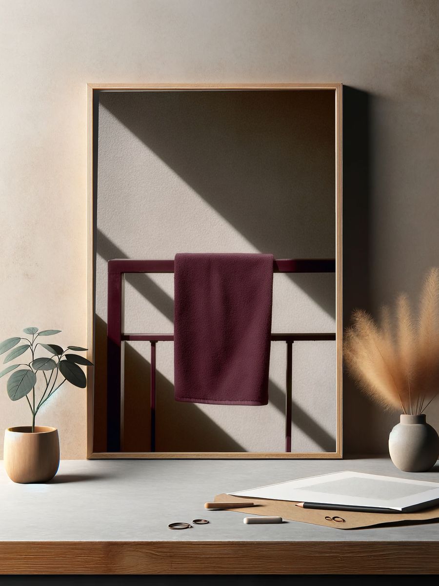 Burgundy Towel on Rack — Minimalist Print. — room view 2