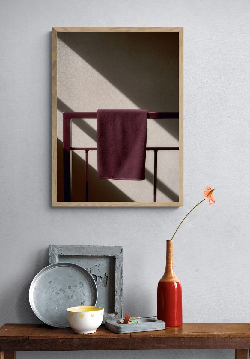 Burgundy Towel on Rack — Minimalist Print. — room view 3