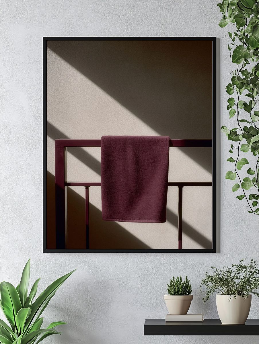 Burgundy Towel on Rack — Minimalist Print. — room view 4