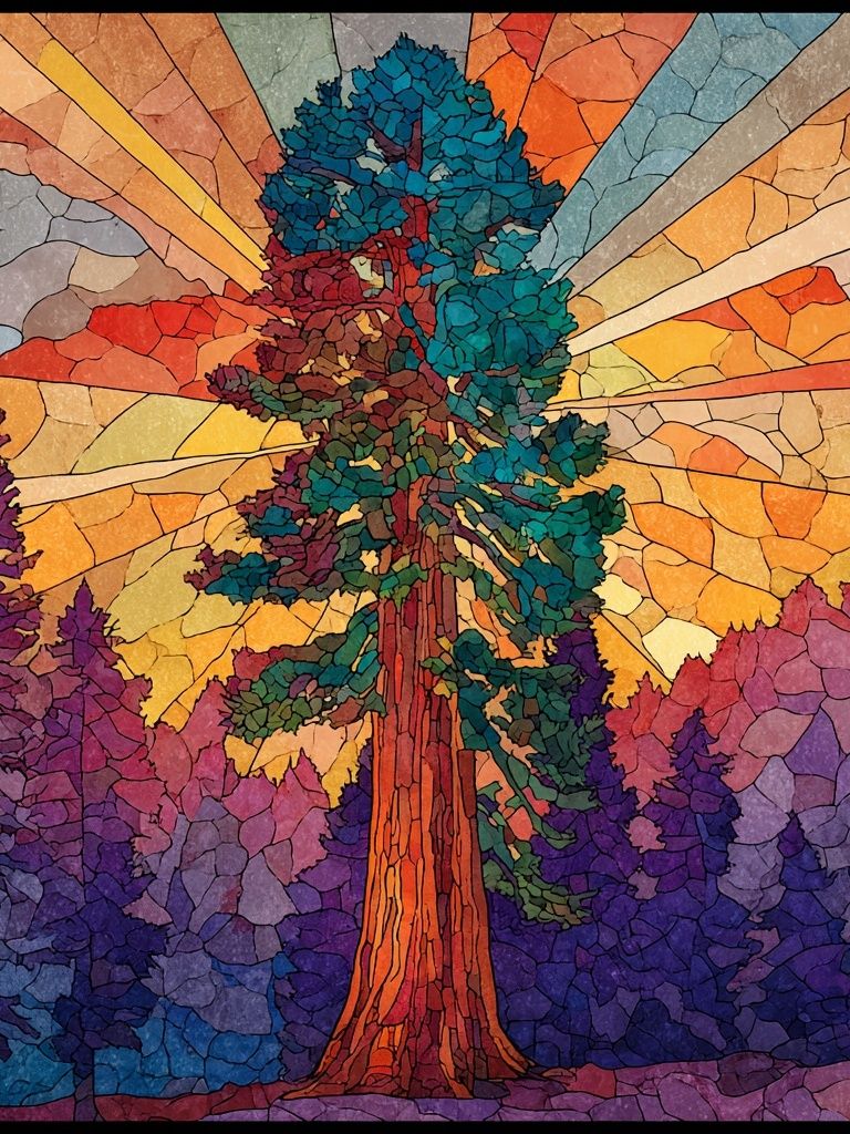 Majestic Tree at Sunrise — Stained Glass Print. poster detail