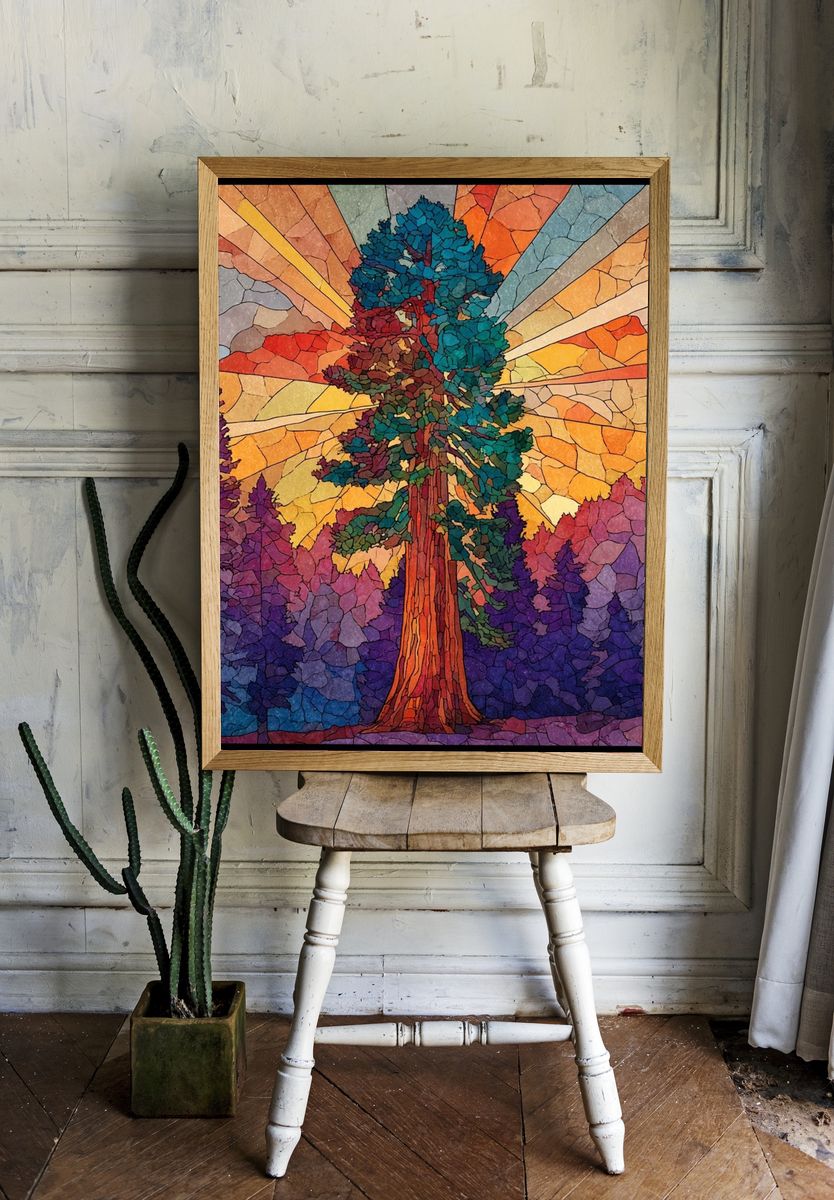 Majestic Tree at Sunrise — Stained Glass Print room preview