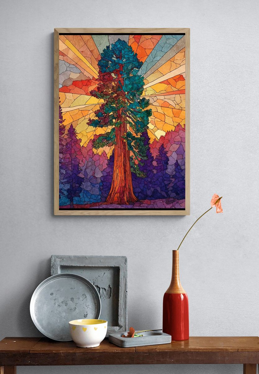 Majestic Tree at Sunrise — Stained Glass Print. — room view 3