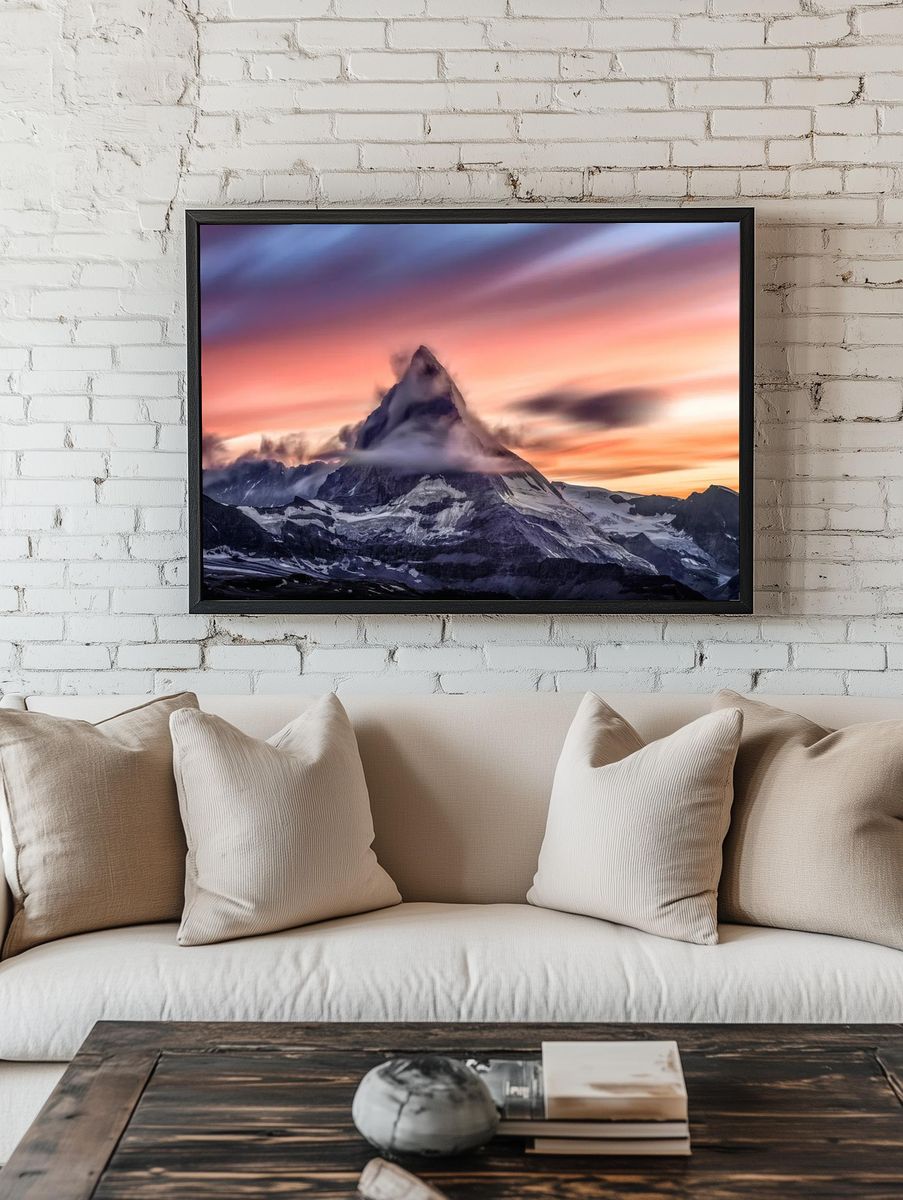 Snowcapped mountain peak cloudy sunrise. — room view 1