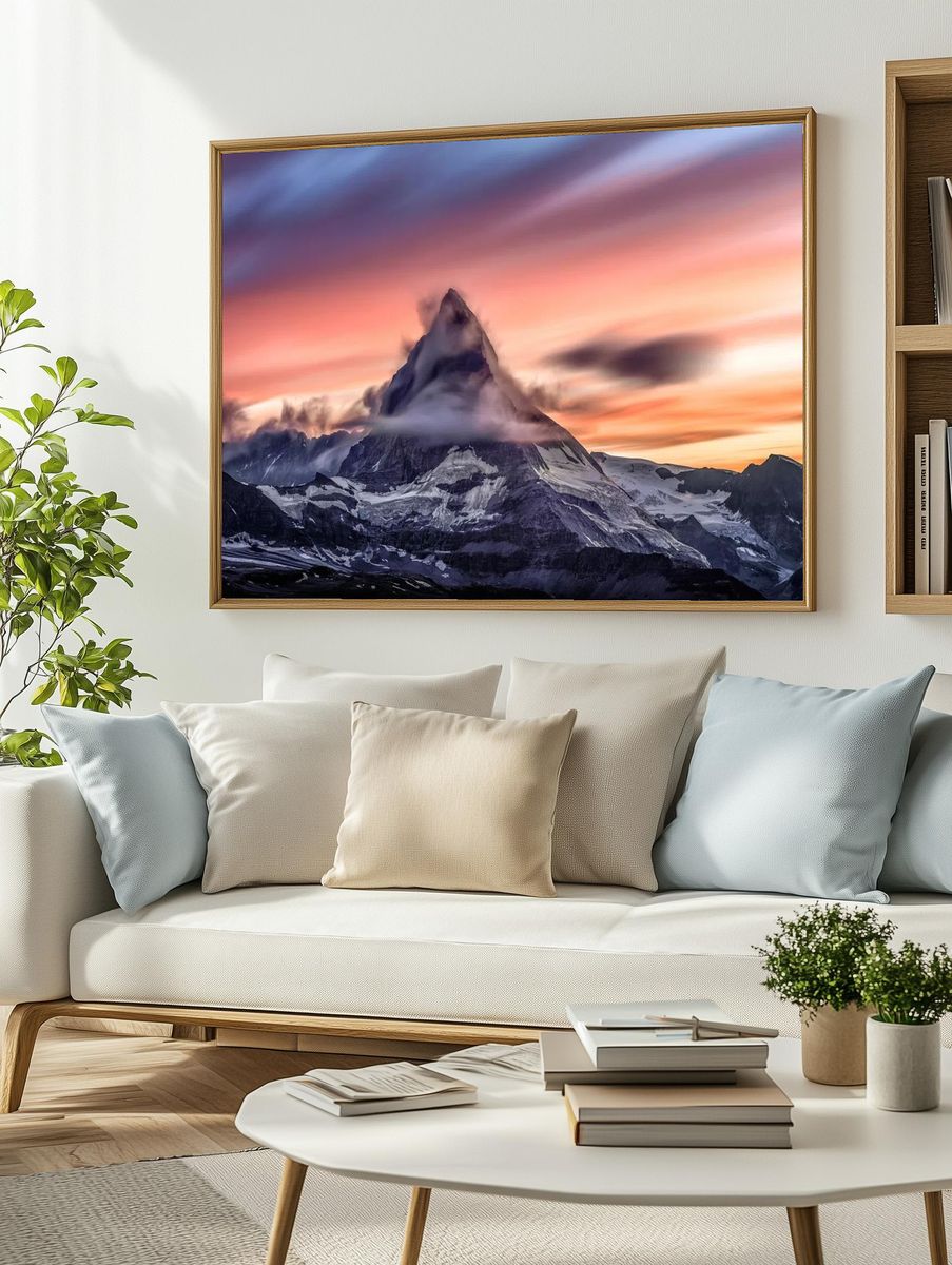 Snowcapped mountain peak cloudy sunrise. — room view 2