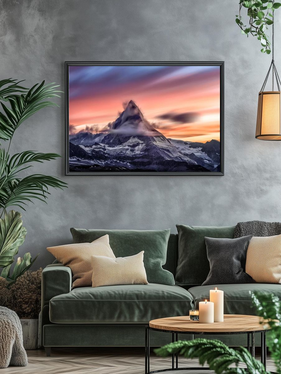 Snowcapped mountain peak cloudy sunrise. — room view 4