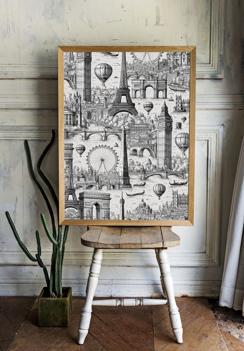 London and Paris Skyline Print. room preview