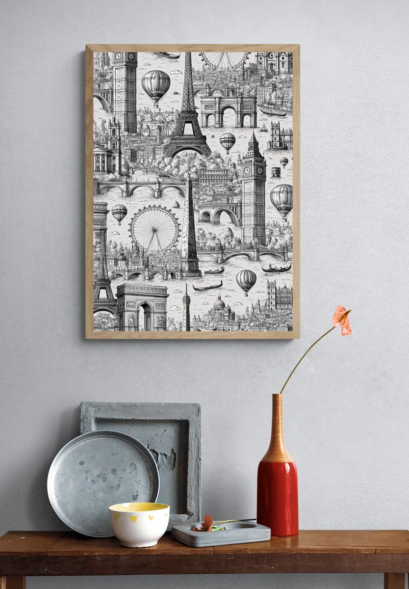 London and Paris Skyline Print. — room view 3