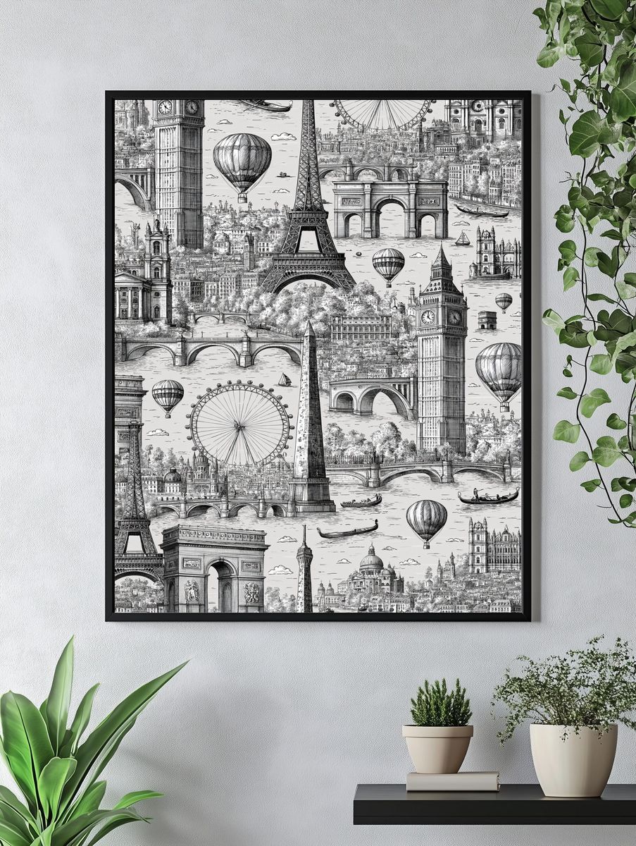 London and Paris Skyline Print. — room view 4