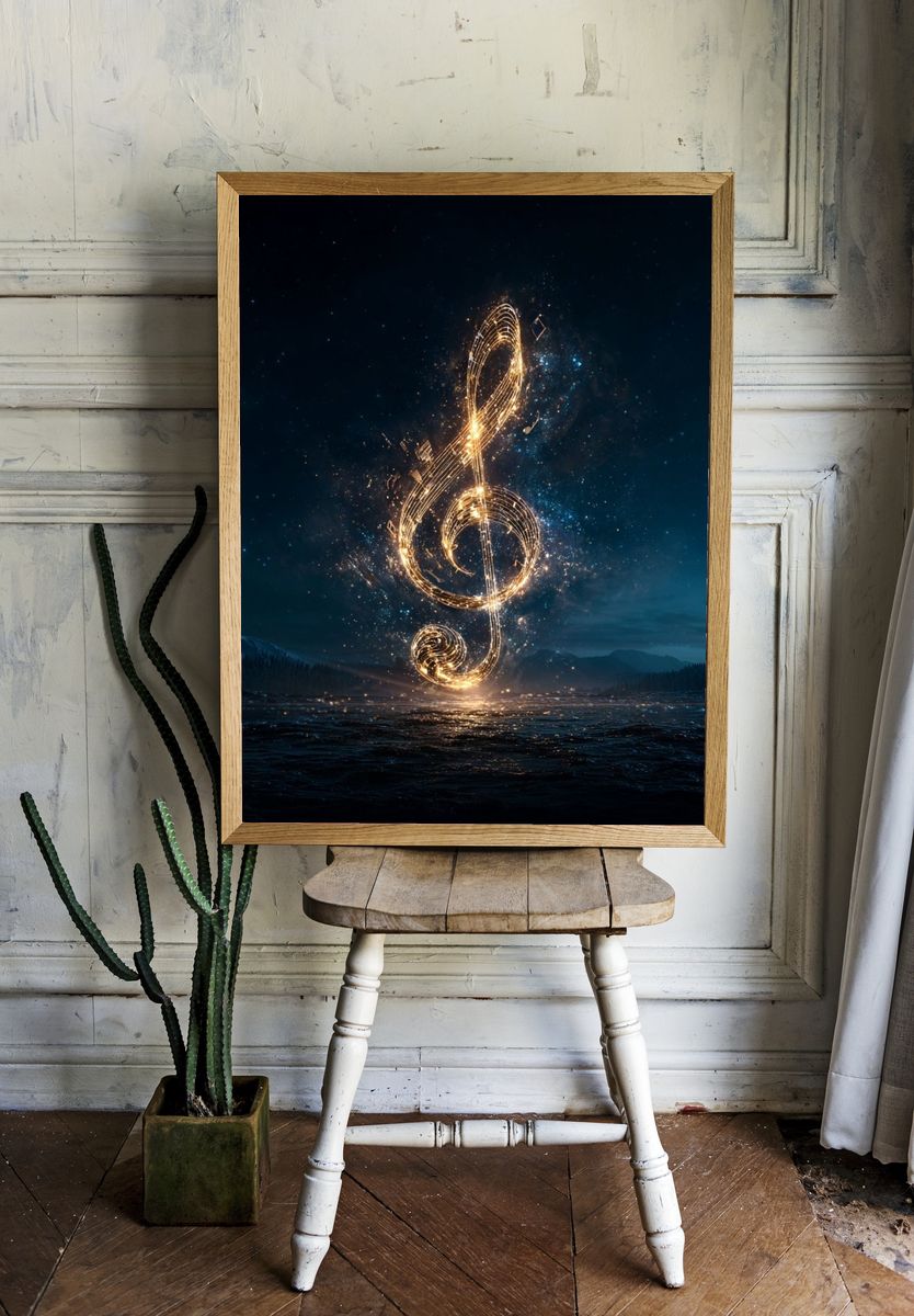 Glowing Treble Clef Music Poster. — room view 1