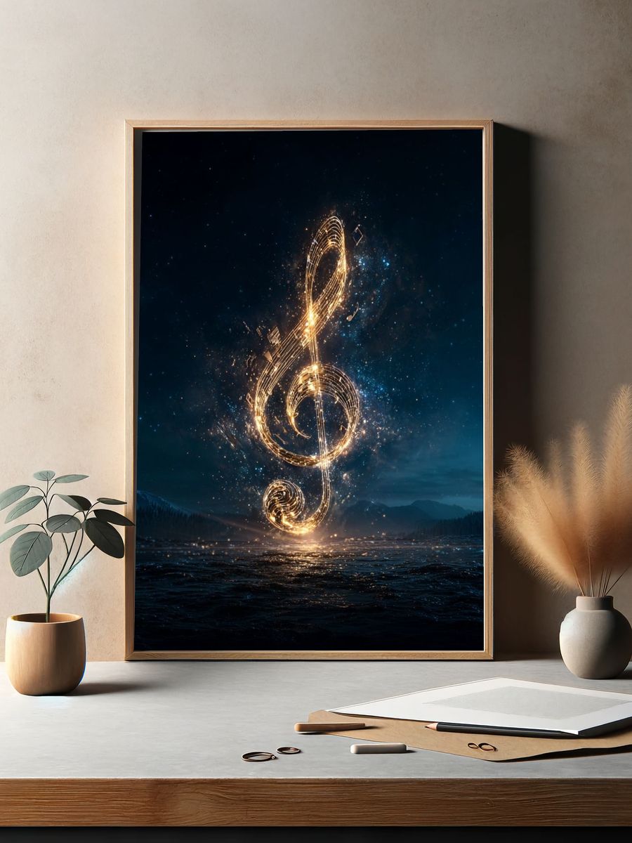 Glowing Treble Clef Music Poster. — room view 2