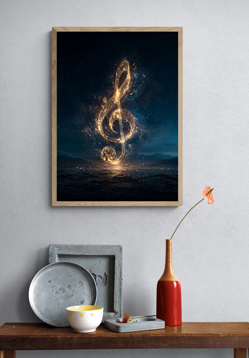 Glowing Treble Clef Music Poster. — room view 3