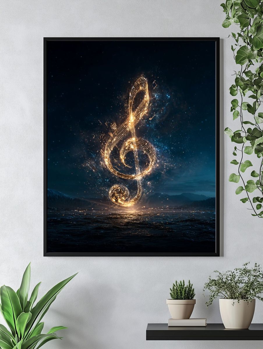 Glowing Treble Clef Music Poster. — room view 4